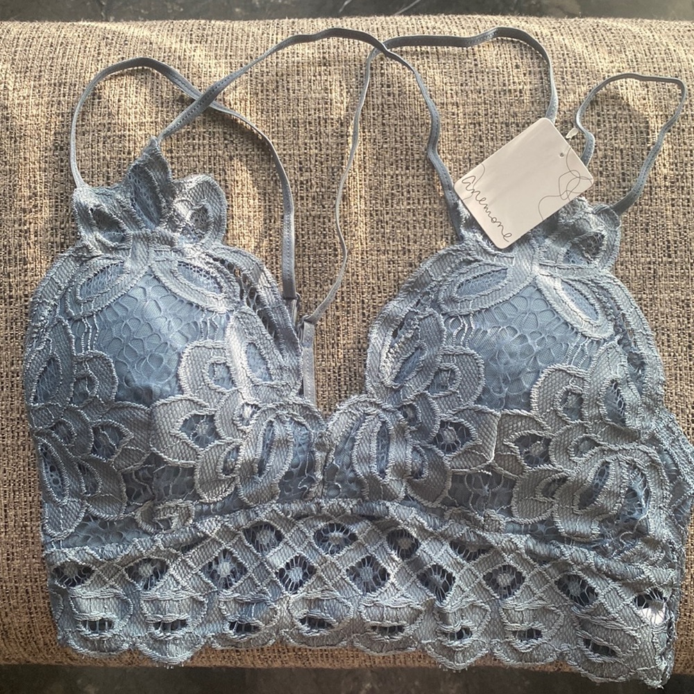 Steel blue lace bralette with adjustable spaghetti straps and removable cups
